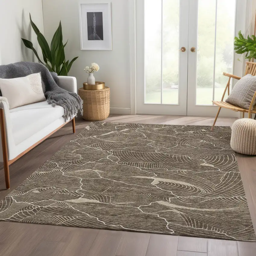 Brown Beige And Ivory Abstract Washable Area Rug With UV Protection Photo 4