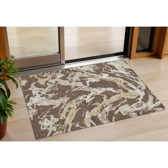 Brown Beige And Ivory Abstract Washable Indoor Outdoor Area Rug Photo 1