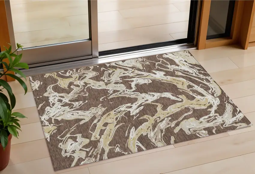 Brown Beige And Ivory Abstract Washable Indoor Outdoor Area Rug Photo 1