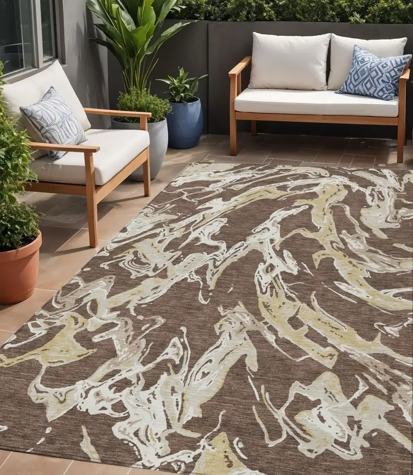 Brown Beige And Ivory Abstract Washable Indoor Outdoor Area Rug Photo 1