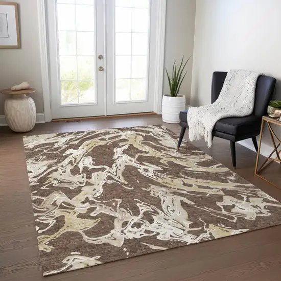 Brown Beige And Ivory Abstract Washable Indoor Outdoor Area Rug Photo 9