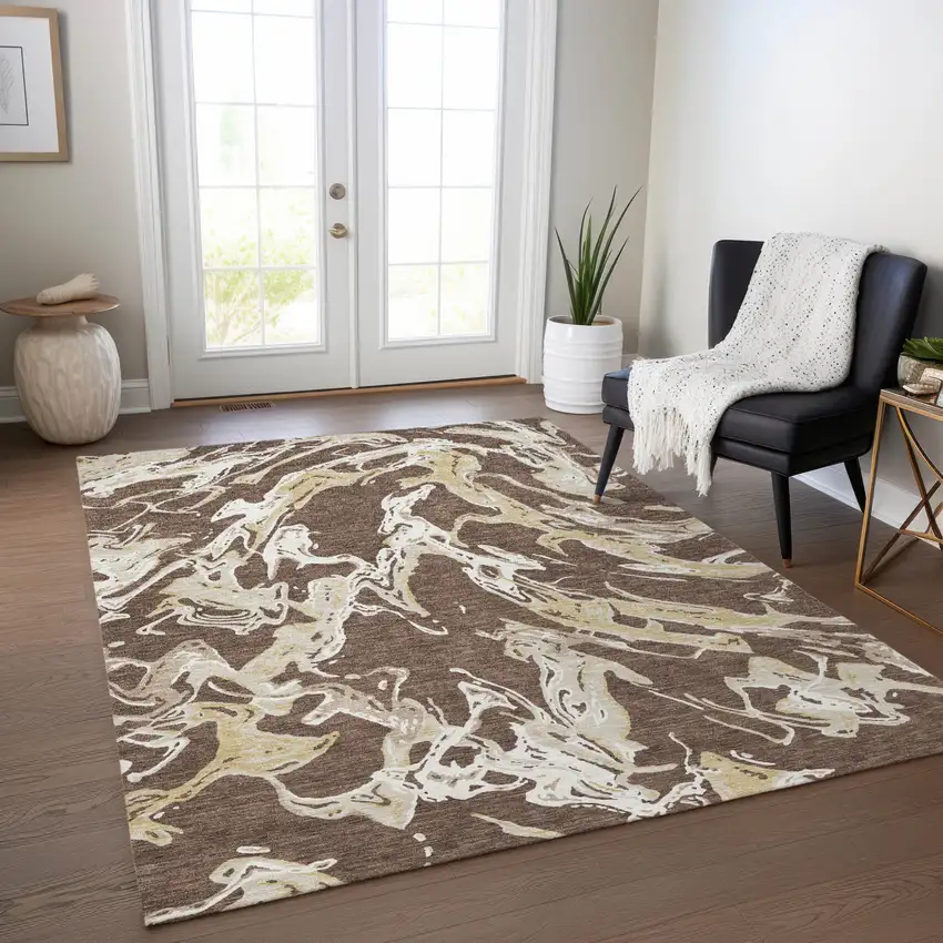 Brown Beige And Ivory Abstract Washable Indoor Outdoor Area Rug Photo 9