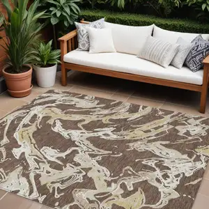 Photo of Brown Beige And Ivory Abstract Washable Indoor Outdoor Area Rug