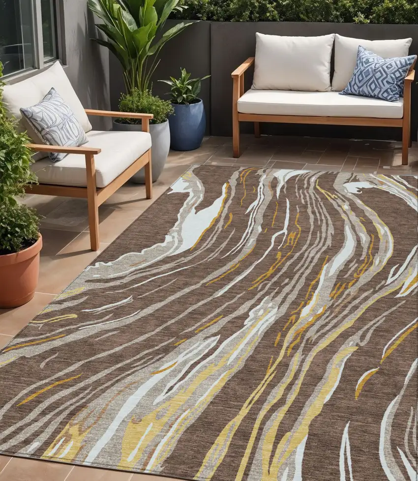 Brown Beige And Ivory Abstract Washable Indoor Outdoor Area Rug Photo 1