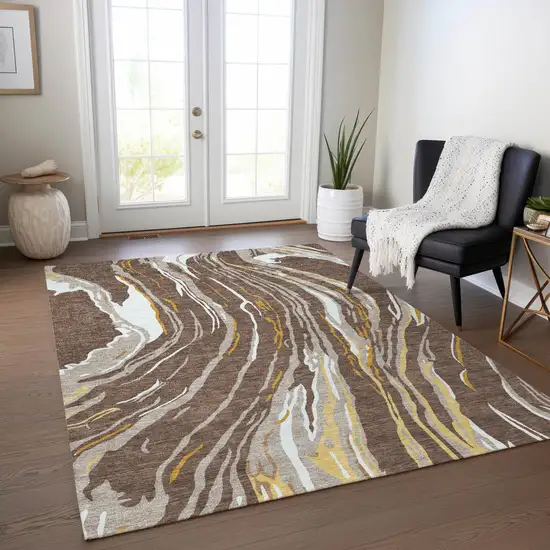 Brown Beige And Ivory Abstract Washable Indoor Outdoor Area Rug Photo 9