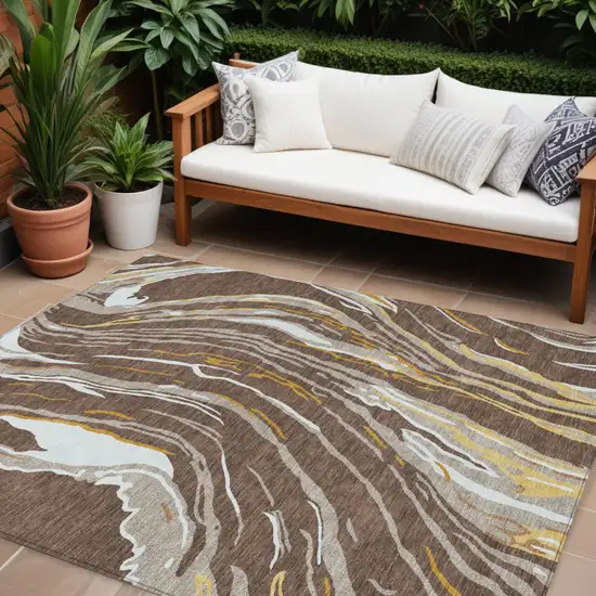 Brown Beige And Ivory Abstract Washable Indoor Outdoor Area Rug Photo 1