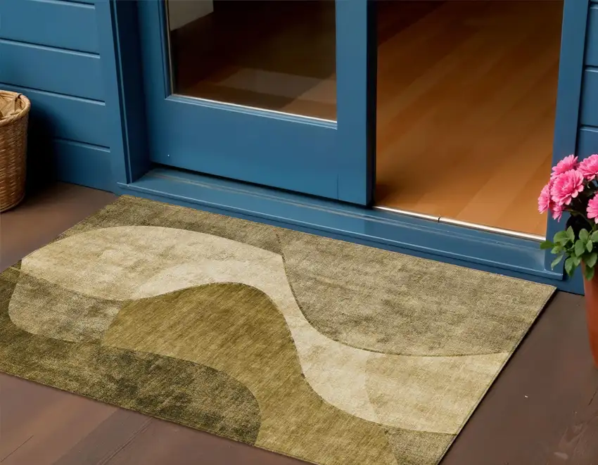 Brown Beige And Ivory Abstract Washable Indoor Outdoor Area Rug Photo 1