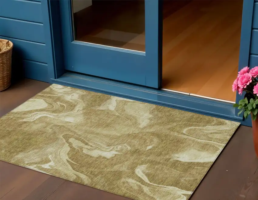 Brown Beige And Ivory Abstract Washable Indoor Outdoor Area Rug Photo 1