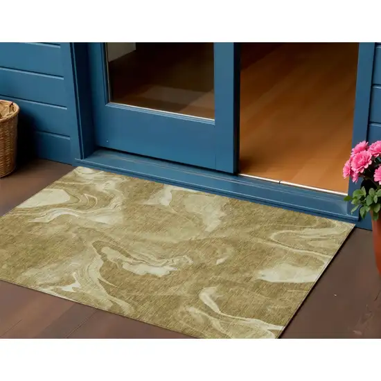 Brown Beige And Ivory Abstract Washable Indoor Outdoor Area Rug Photo 1