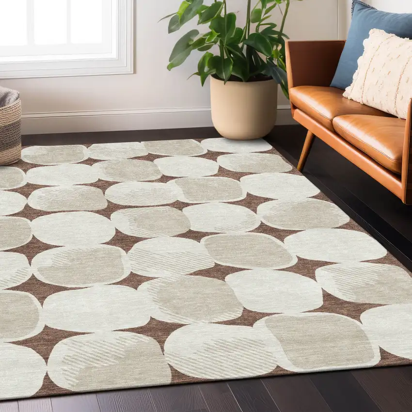 Brown Beige And Ivory Abstract Washable Indoor Outdoor Area Rug Photo 9