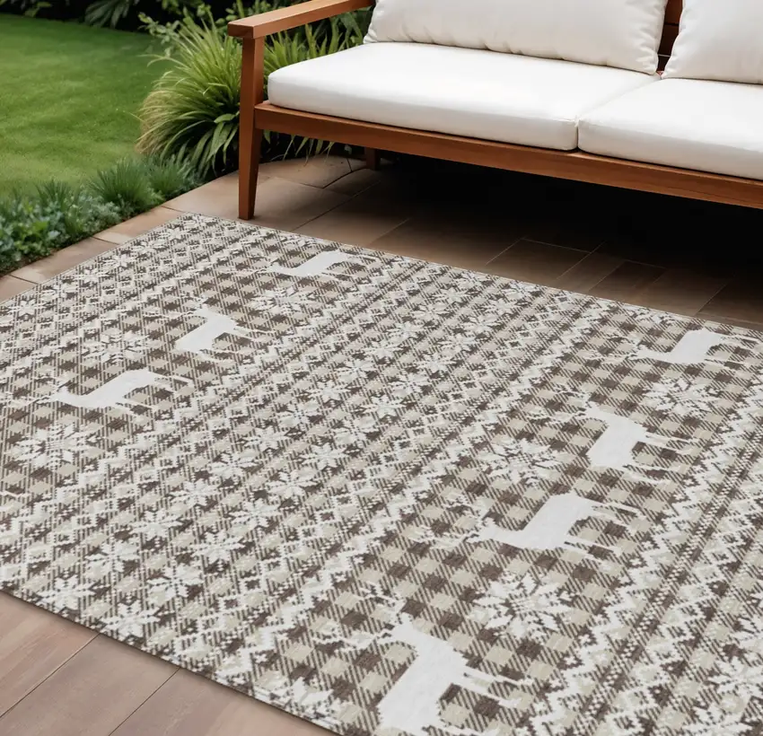 Brown Beige And Ivory Animal Print Washable Indoor Outdoor Area Rug Photo 2