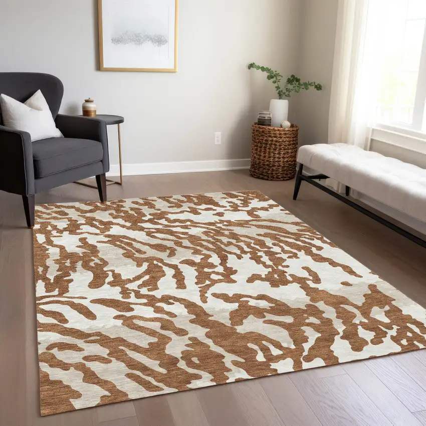 Brown Beige And Ivory Animal Print Washable Indoor Outdoor Area Rug Photo 9
