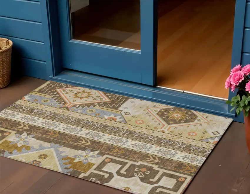 Brown Beige And Ivory Aztec Washable Indoor Outdoor Area Rug Photo 1
