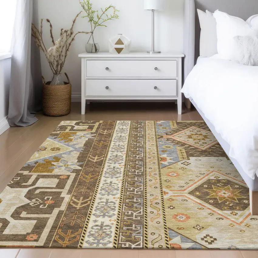 Brown Beige And Ivory Aztec Washable Indoor Outdoor Area Rug Photo 9