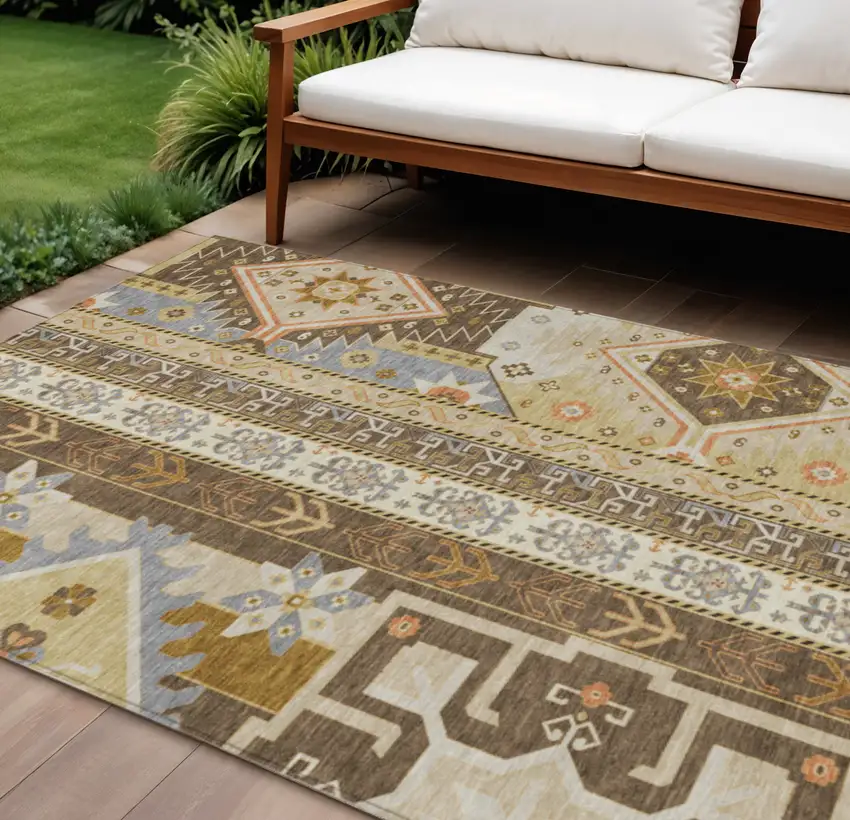 Brown Beige And Ivory Aztec Washable Indoor Outdoor Area Rug Photo 1