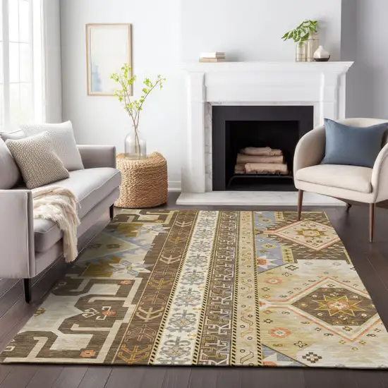 Brown Beige And Ivory Aztec Washable Indoor Outdoor Area Rug Photo 9