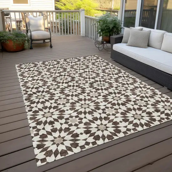 Brown Beige And Ivory Floral Medallion Washable Indoor Outdoor Area Rug Photo 9