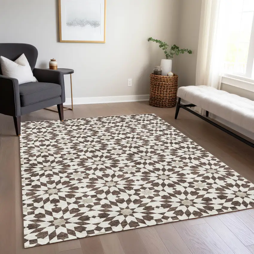 Brown Beige And Ivory Floral Medallion Washable Indoor Outdoor Area Rug Photo 8