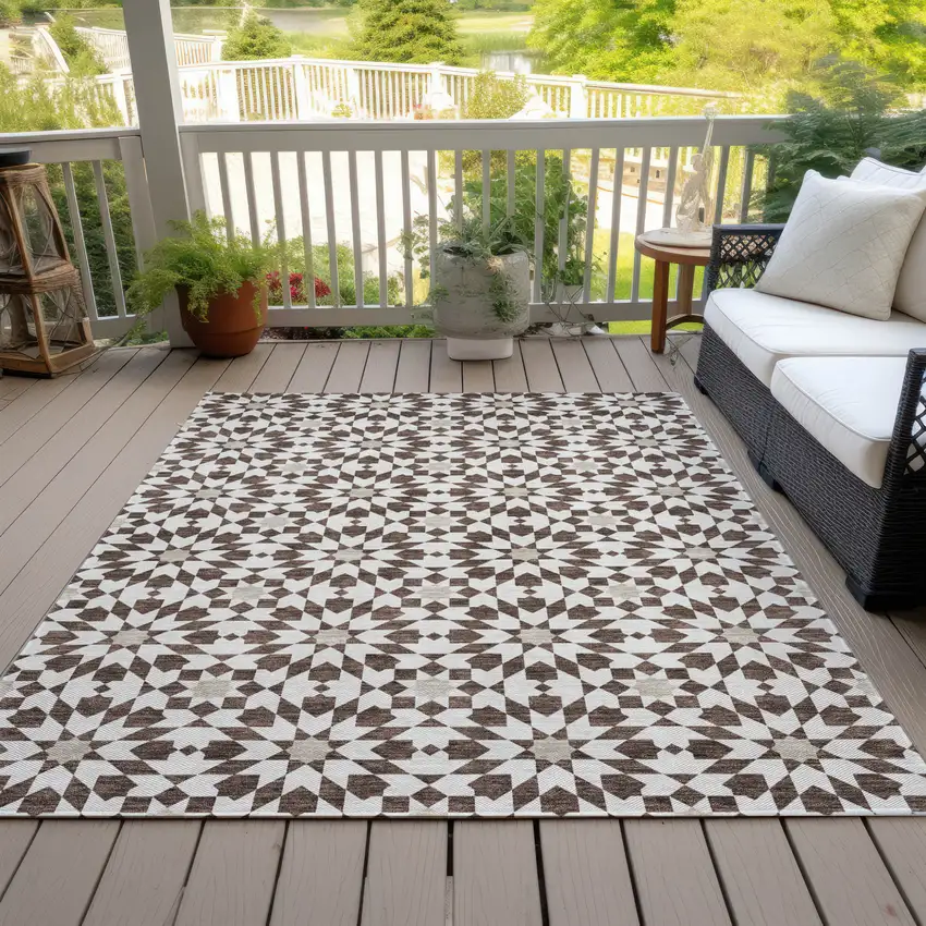 Brown Beige And Ivory Floral Medallion Washable Indoor Outdoor Area Rug Photo 6