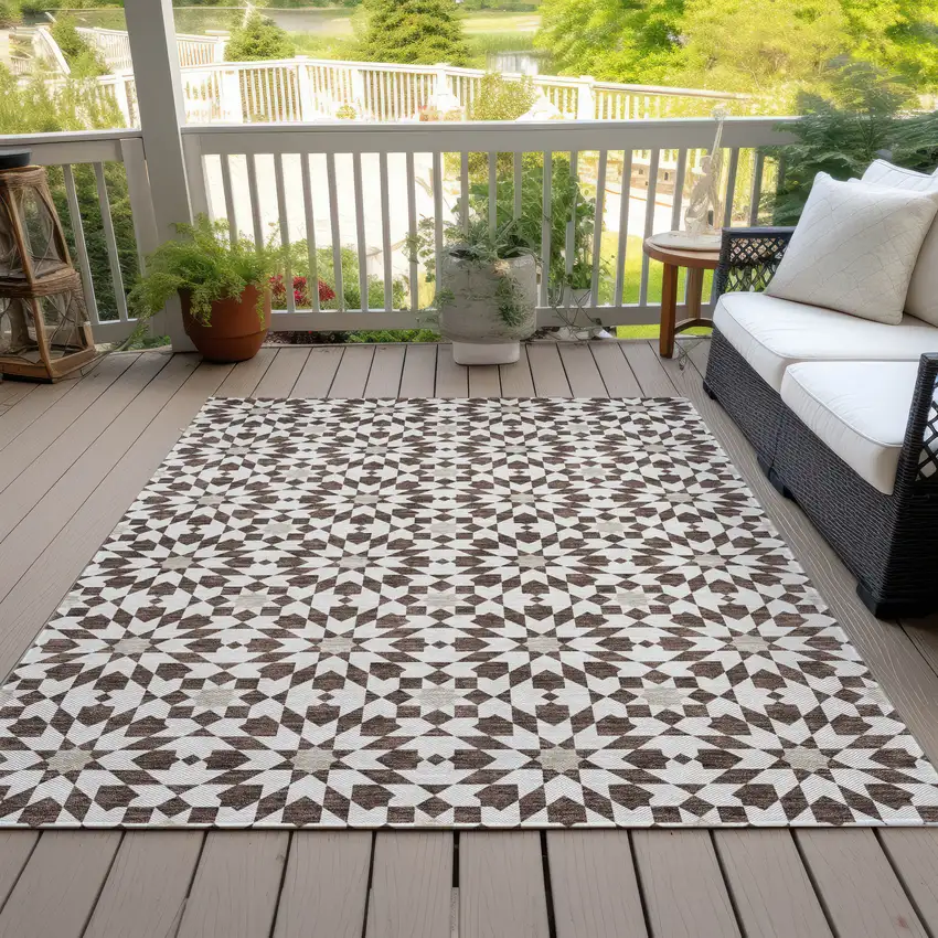 Brown Beige And Ivory Floral Medallion Washable Indoor Outdoor Area Rug Photo 6