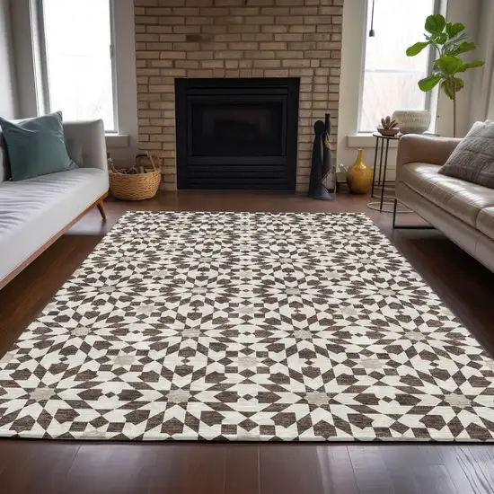 Brown Beige And Ivory Floral Medallion Washable Indoor Outdoor Area Rug Photo 7