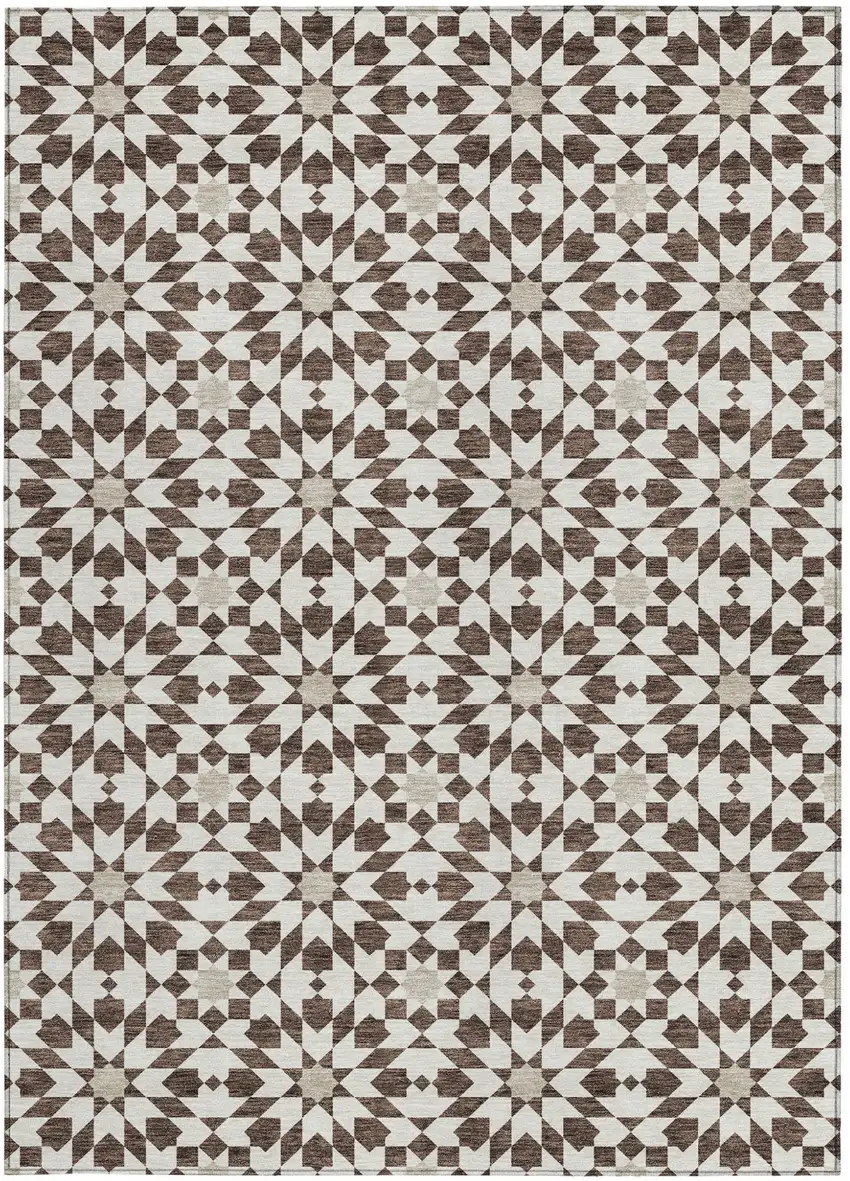 Brown Beige And Ivory Floral Medallion Washable Indoor Outdoor Area Rug Photo 5