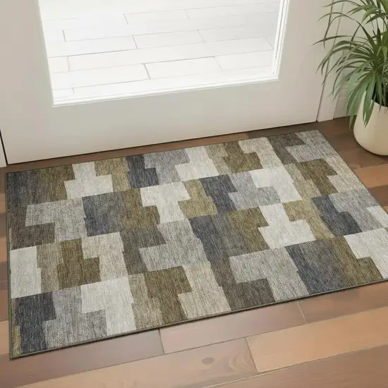 Brown Beige And Ivory Geometric Washable Area Rug With UV Protection Photo 1