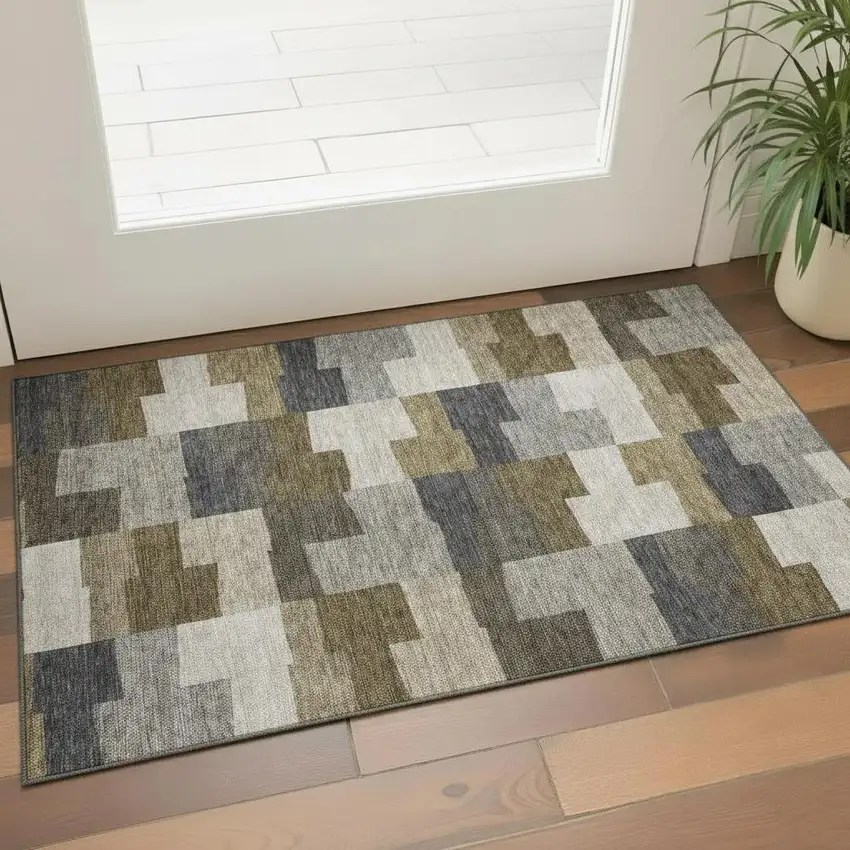 Brown Beige And Ivory Geometric Washable Area Rug With UV Protection Photo 1