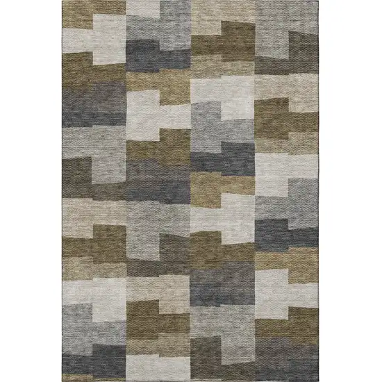 Brown Beige And Ivory Geometric Washable Area Rug With UV Protection Photo 3