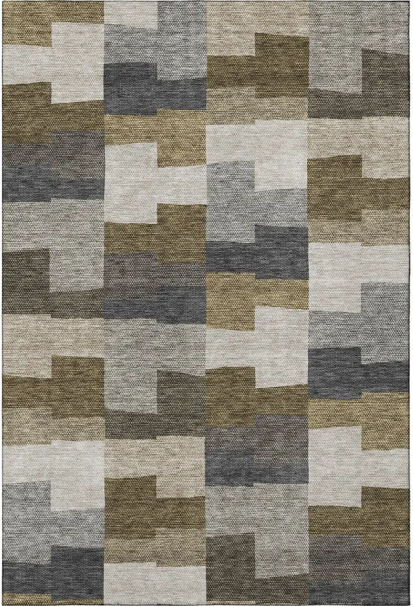 Brown Beige And Ivory Geometric Washable Area Rug With UV Protection Photo 3