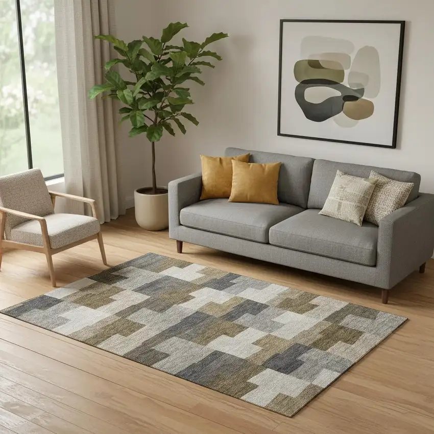 Brown Beige And Ivory Geometric Washable Area Rug With UV Protection Photo 1