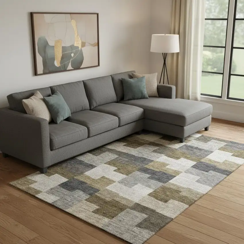 Brown Beige And Ivory Geometric Washable Area Rug With UV Protection Photo 1