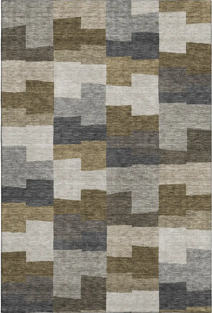 Brown Beige And Ivory Geometric Washable Area Rug With UV Protection Photo 1