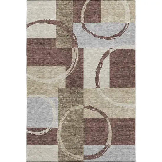Brown Beige And Ivory Geometric Washable Area Rug With UV Protection Photo 1