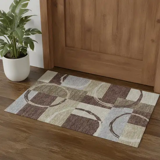 Brown Beige And Ivory Geometric Washable Area Rug With UV Protection Photo 2