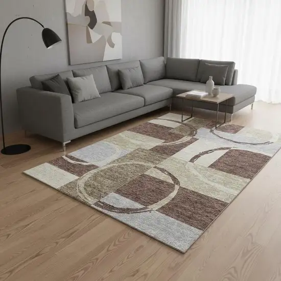 Brown Beige And Ivory Geometric Washable Area Rug With UV Protection Photo 2