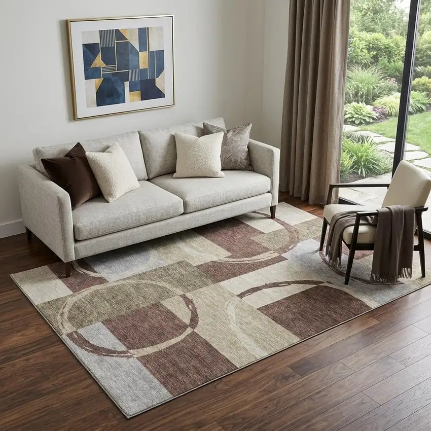 Brown Beige And Ivory Geometric Washable Area Rug With UV Protection Photo 1