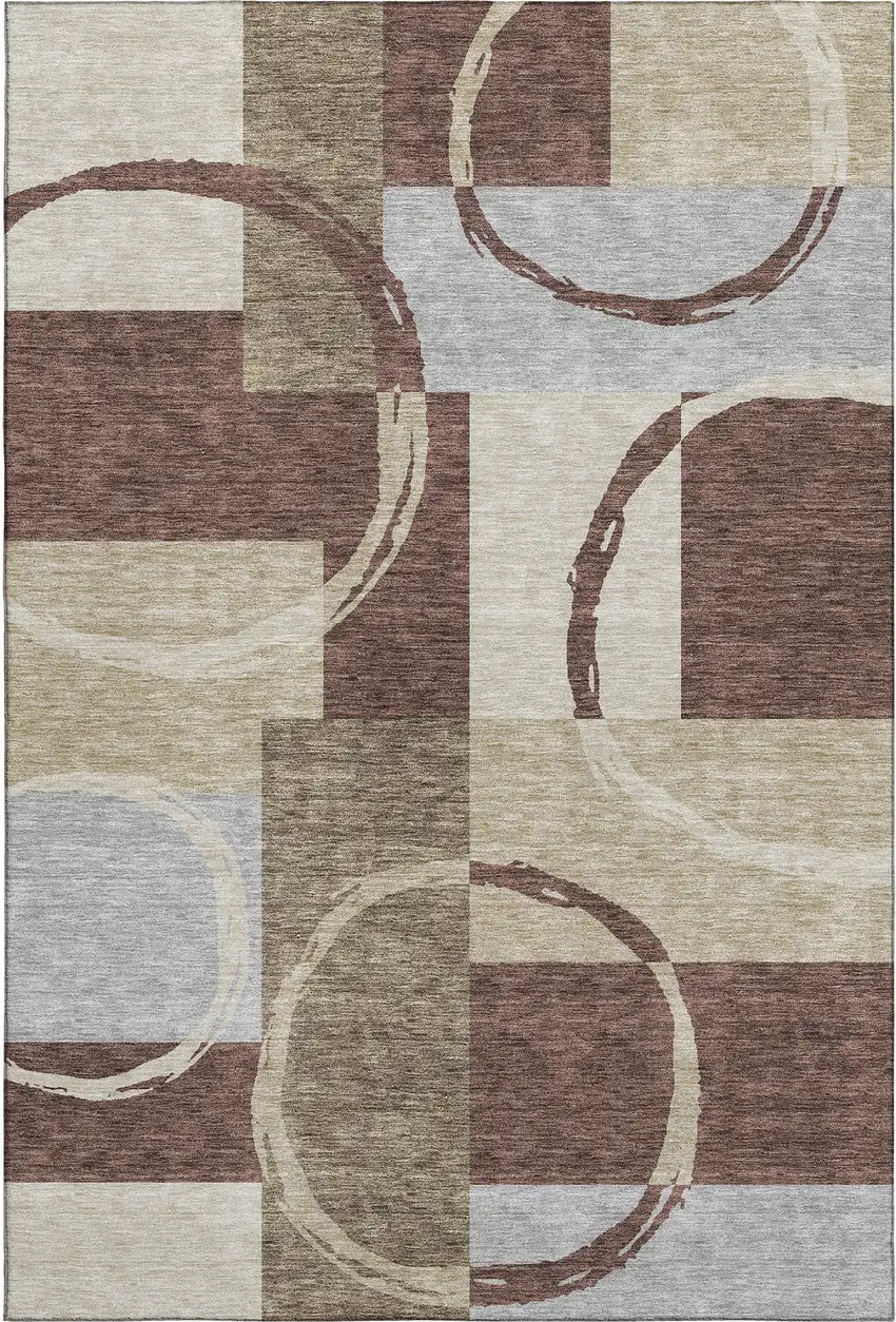 Brown Beige And Ivory Geometric Washable Area Rug With UV Protection Photo 1