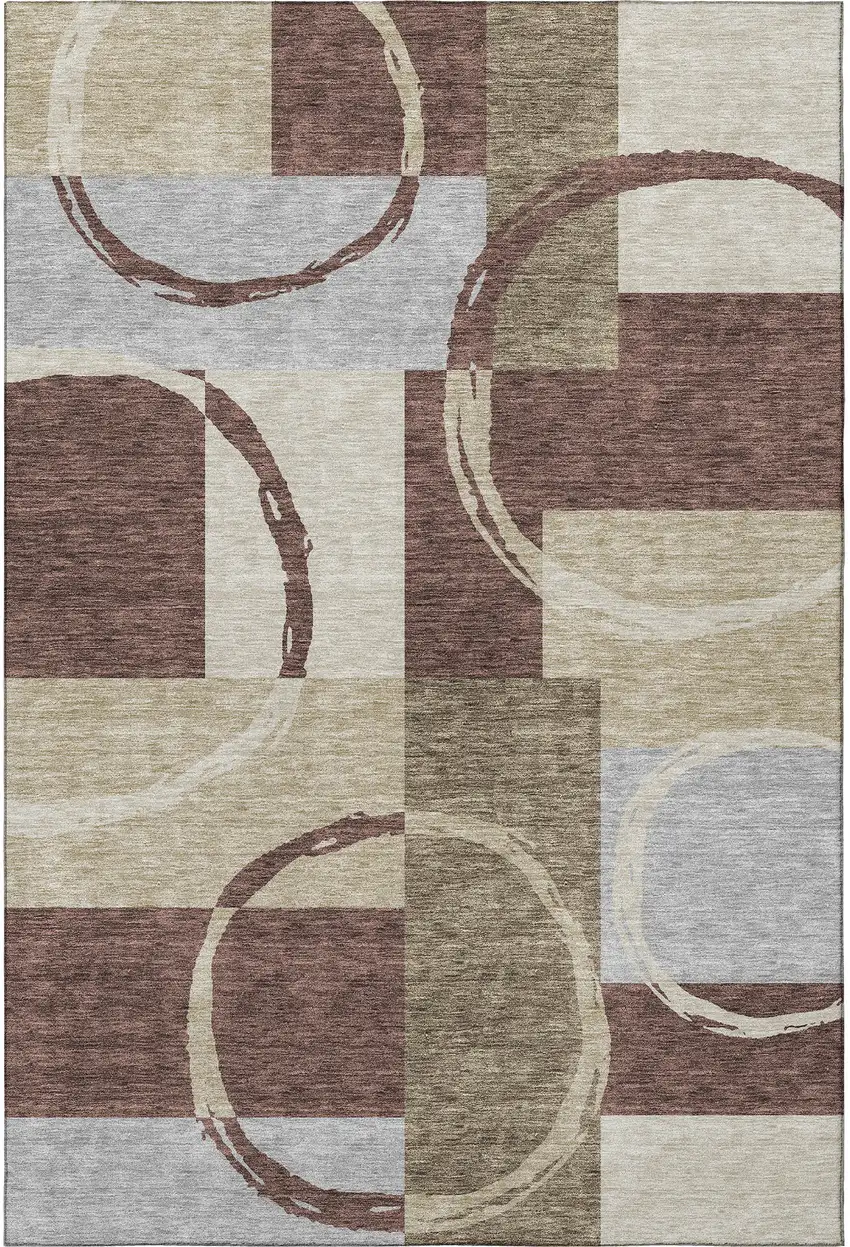 Brown Beige And Ivory Geometric Washable Area Rug With UV Protection Photo 2