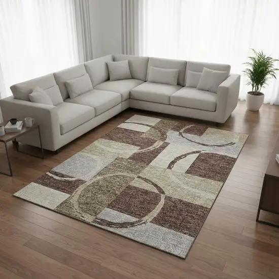 Brown Beige And Ivory Geometric Washable Area Rug With UV Protection Photo 2