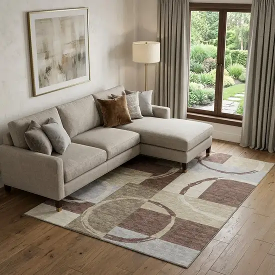 Brown Beige And Ivory Geometric Washable Area Rug With UV Protection Photo 1