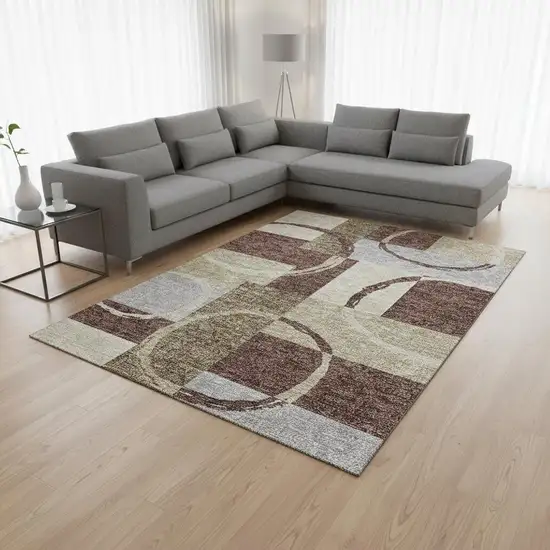 Brown Beige And Ivory Geometric Washable Area Rug With UV Protection Photo 2