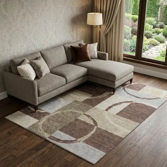 Brown Beige And Ivory Geometric Washable Area Rug With UV Protection Photo 1