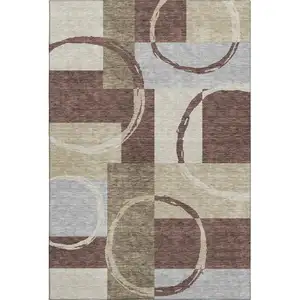 Photo of Brown Beige And Ivory Geometric Washable Area Rug With UV Protection