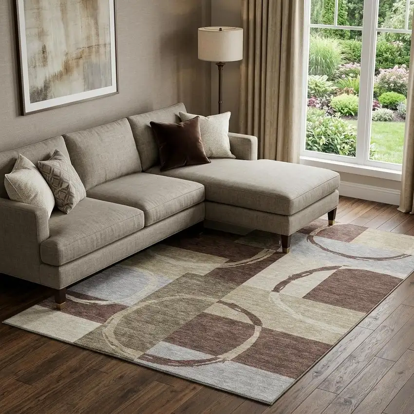 Brown Beige And Ivory Geometric Washable Area Rug With UV Protection Photo 1