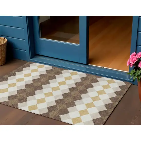 Brown Beige And Ivory Geometric Washable Indoor Outdoor Area Rug Photo 1