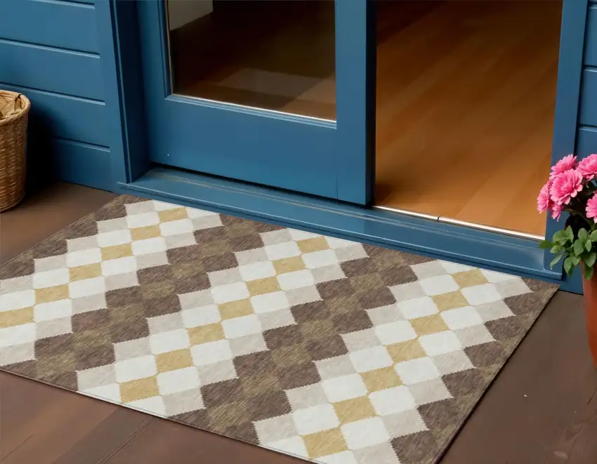 Brown Beige And Ivory Geometric Washable Indoor Outdoor Area Rug Photo 1