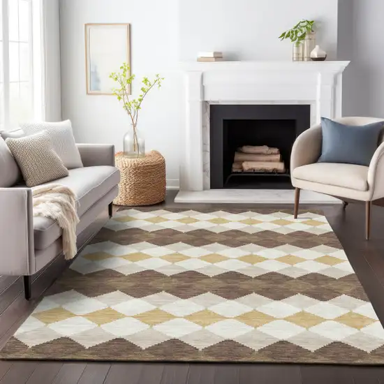 Brown Beige And Ivory Geometric Washable Indoor Outdoor Area Rug Photo 9