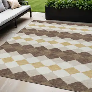 Photo of Brown Beige And Ivory Geometric Washable Indoor Outdoor Area Rug
