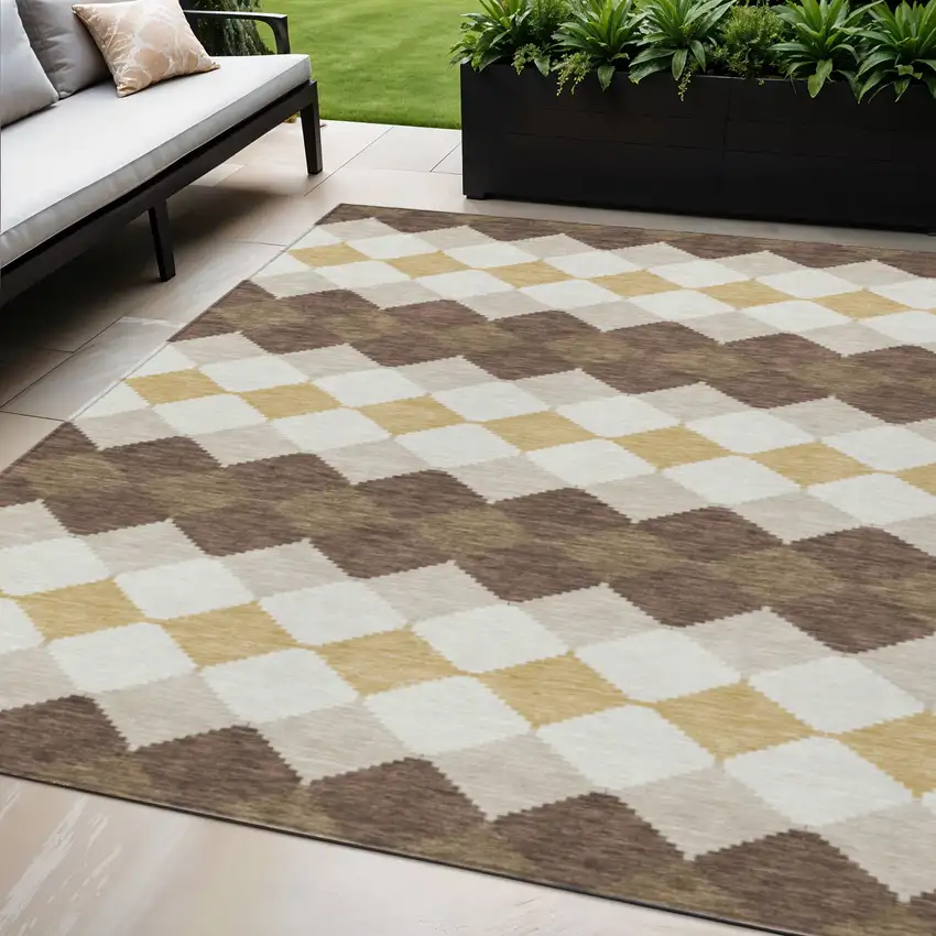 Brown Beige And Ivory Geometric Washable Indoor Outdoor Area Rug Photo 1